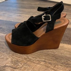 Steve Madden- Black Suede- Wooden Heel Wedges
